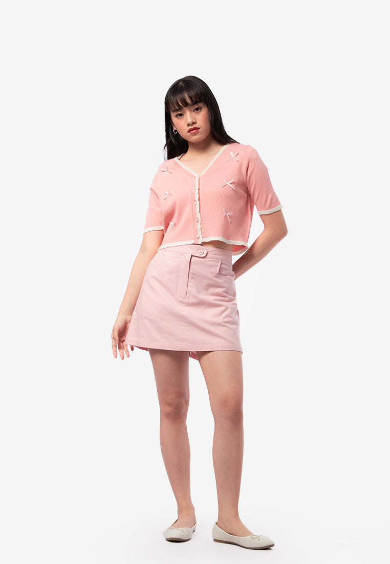Short Sleeve Top with Contrast Ribbon L.Pink