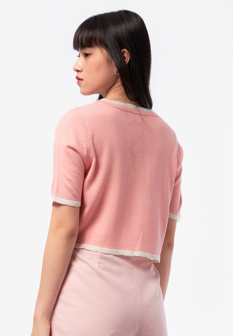 Short Sleeve Top with Contrast Ribbon L.Pink