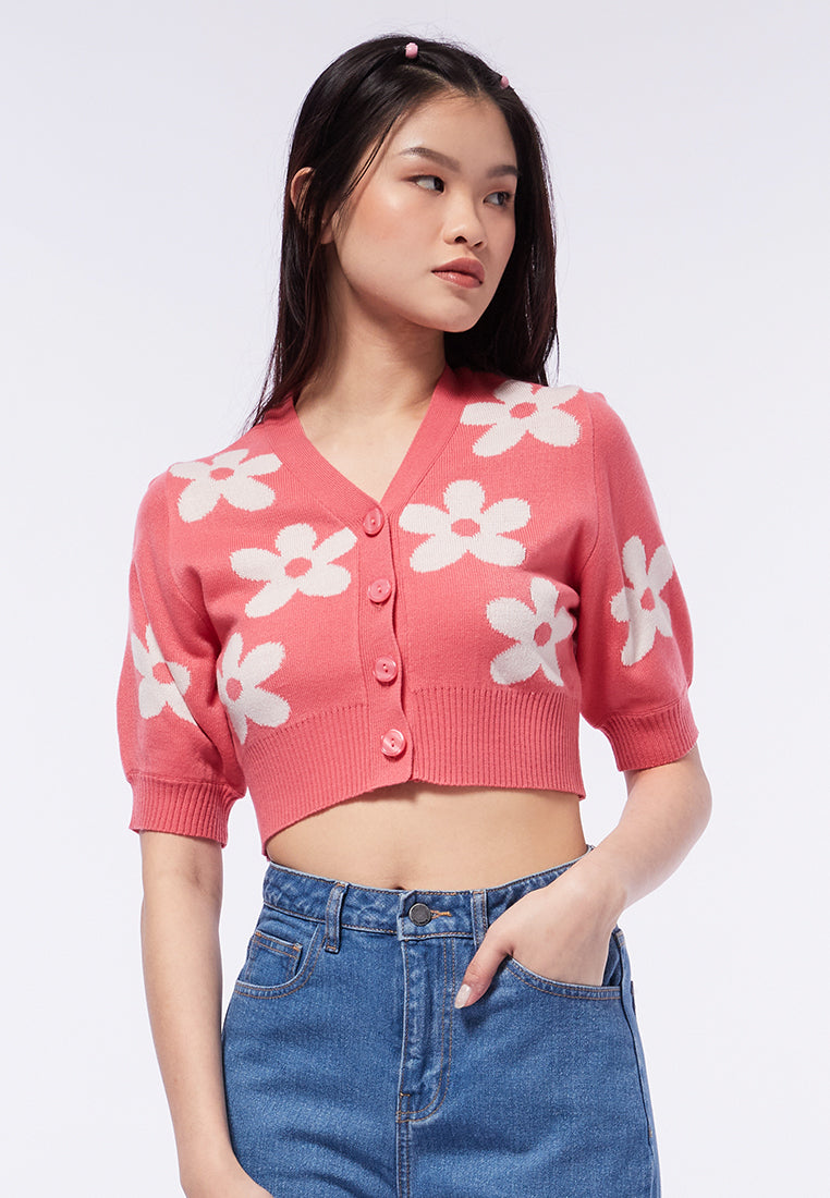 Button Up Flower Knit Top