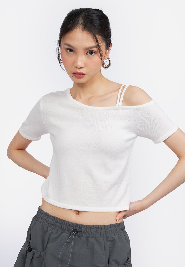 Asymmetric Knit Crop Top Off White