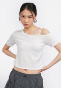 Asymmetric Knit Crop Top Off White