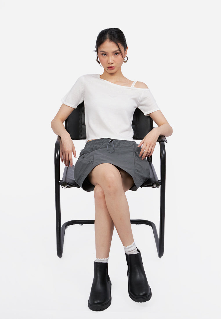 Asymmetric Knit Crop Top Off White