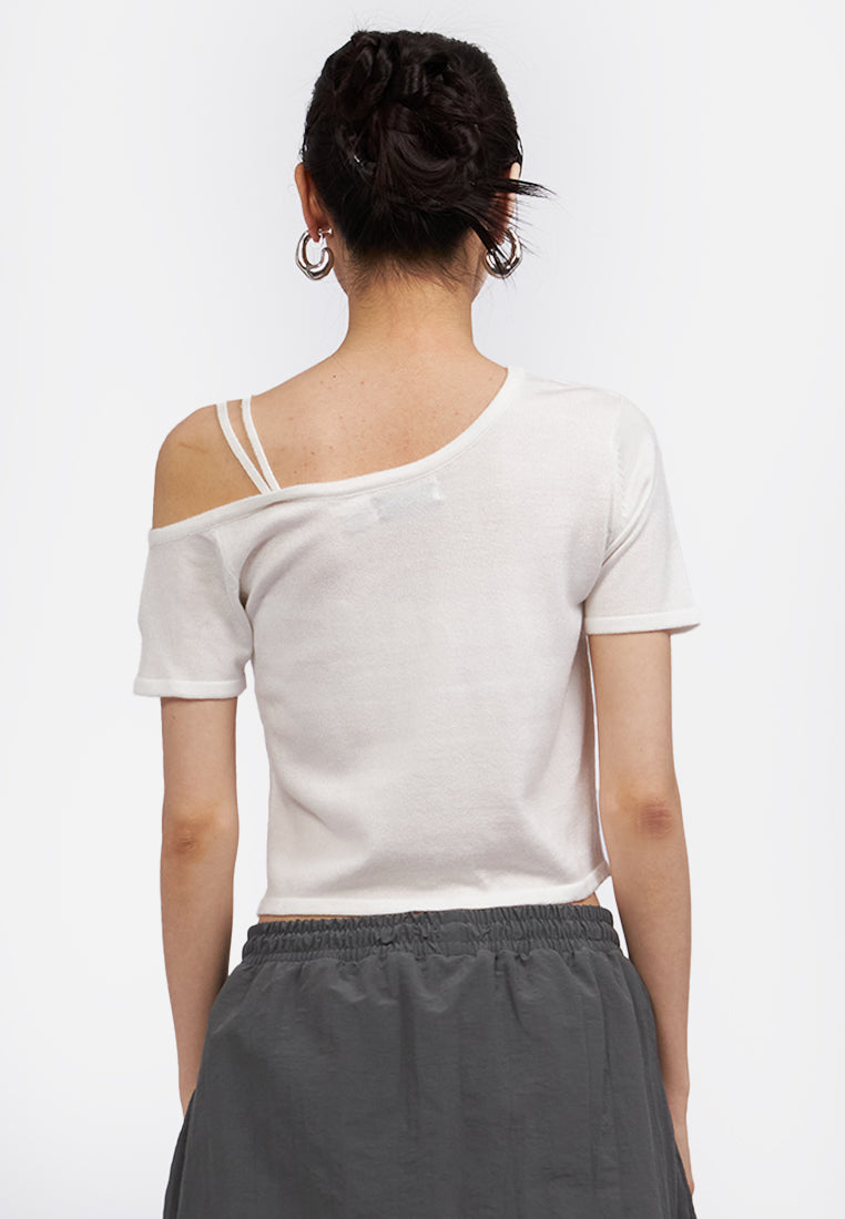 Asymmetric Knit Crop Top Off White