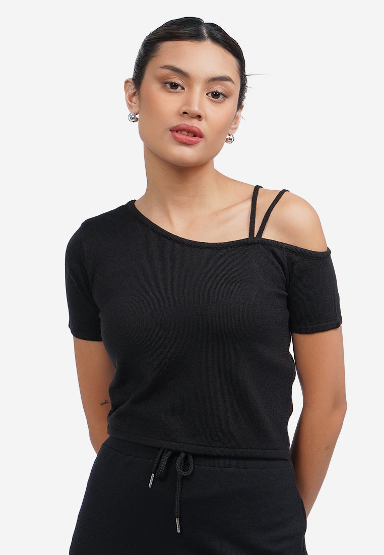 Asymmetric Knit Crop Top Black