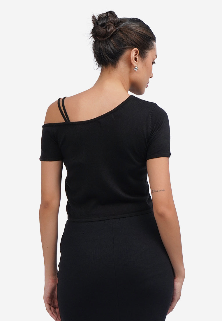 Asymmetric Knit Crop Top Black