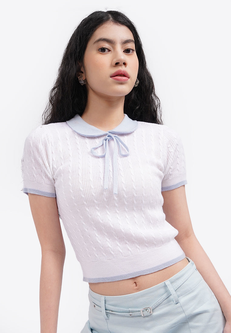 Tied Collar Short Sleeve Polo Top Off White