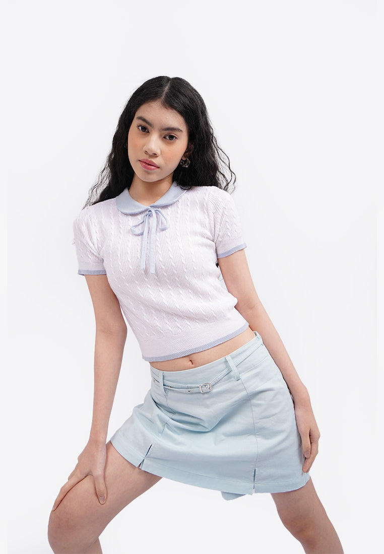 Tied Collar Short Sleeve Polo Top Off White