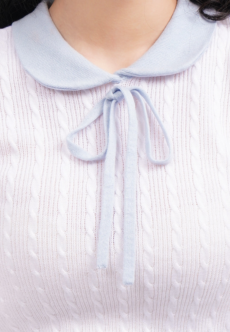 Tied Collar Short Sleeve Polo Top Off White