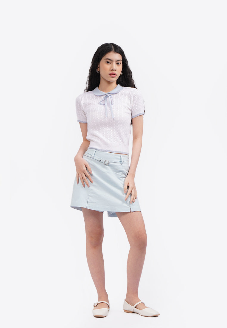 Tied Collar Short Sleeve Polo Top Off White