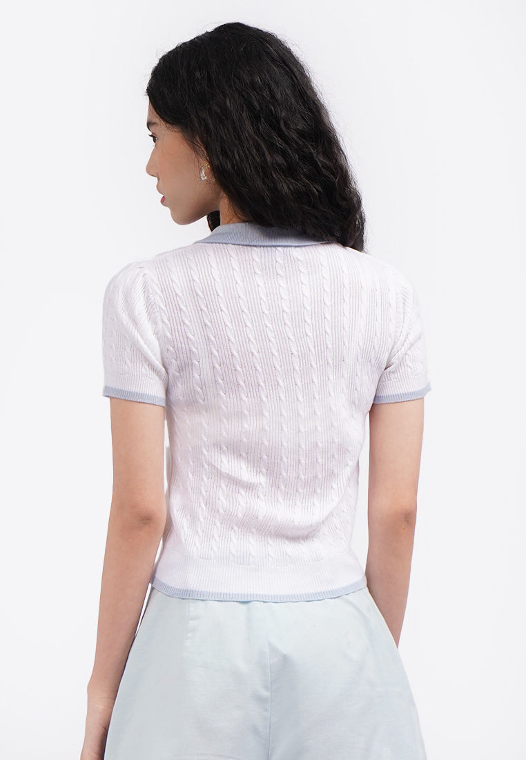 Tied Collar Short Sleeve Polo Top Off White