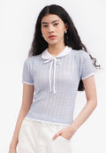 Tied Collar Short Sleeve Polo Top L.Blue