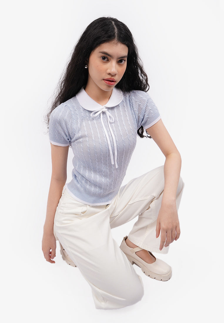 Tied Collar Short Sleeve Polo Top L.Blue