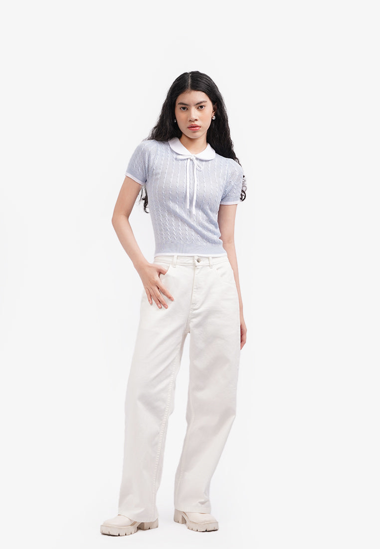 Tied Collar Short Sleeve Polo Top L.Blue