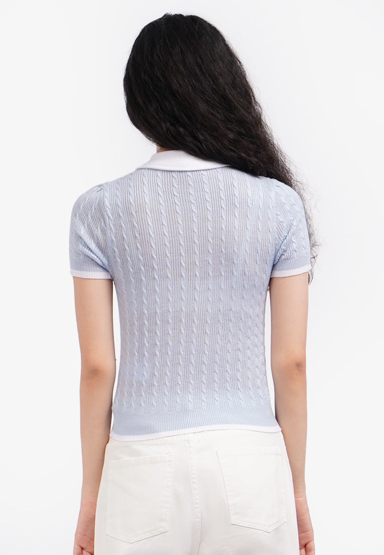 Tied Collar Short Sleeve Polo Top L.Blue