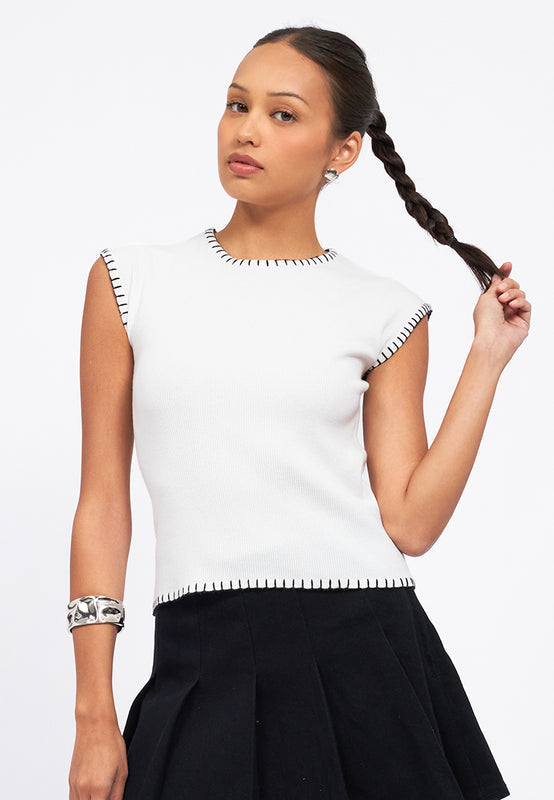 Contrast Detail Cap Sleeve Knit Top