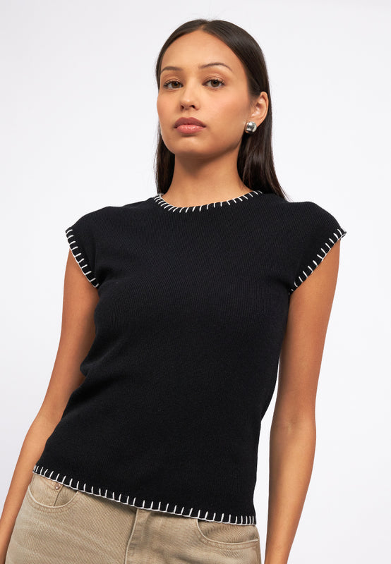 Contrast Detail Cap Sleeve Knit Top