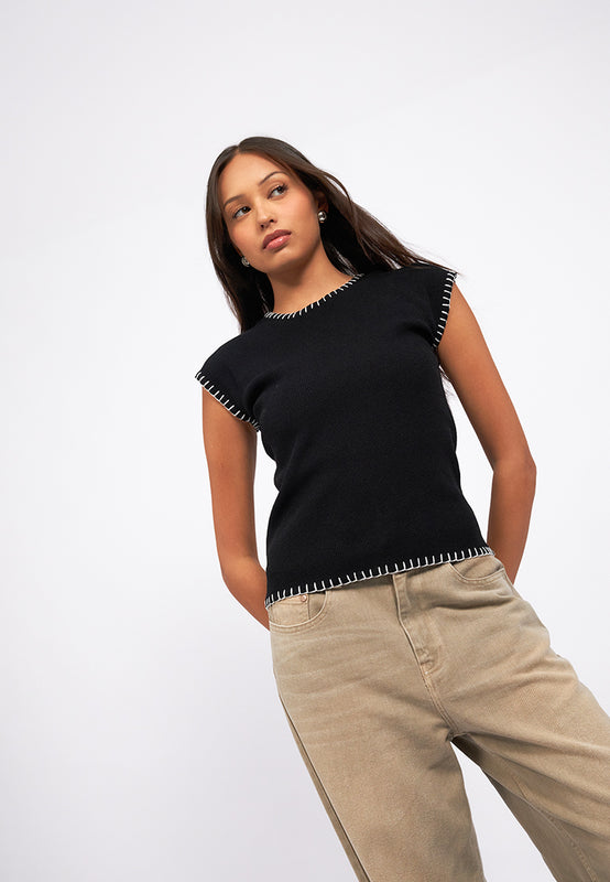 Contrast Detail Cap Sleeve Knit Top