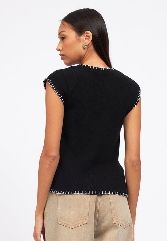 Contrast Detail Cap Sleeve Knit Top