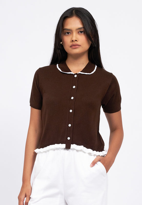 Collar Details Short Sleeve Knit Top