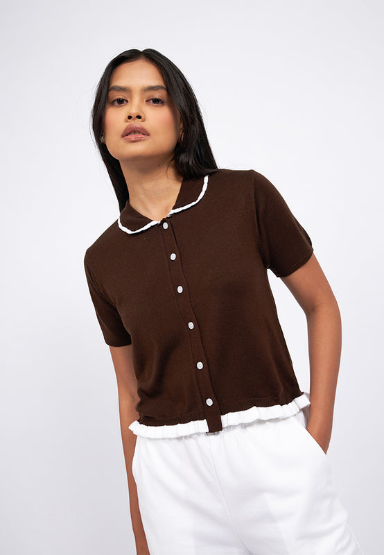 Collar Details Short Sleeve Knit Top