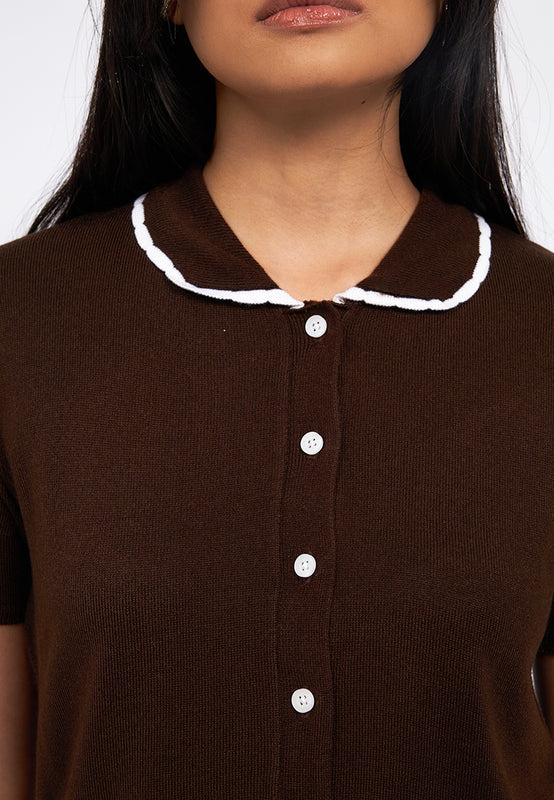 Collar Details Short Sleeve Knit Top