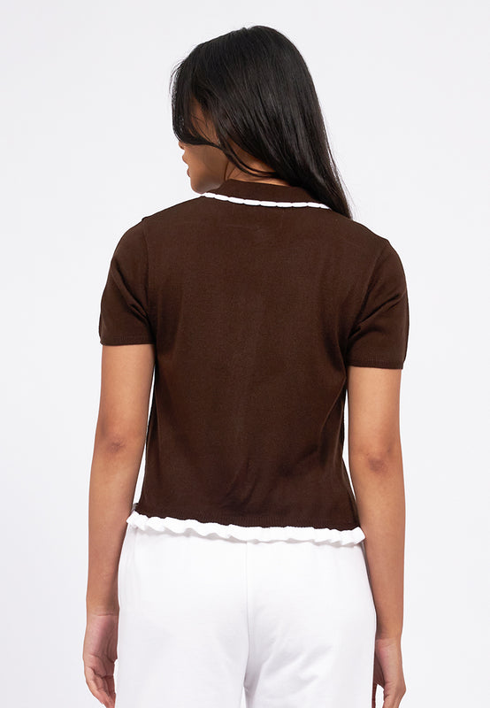 Collar Details Short Sleeve Knit Top
