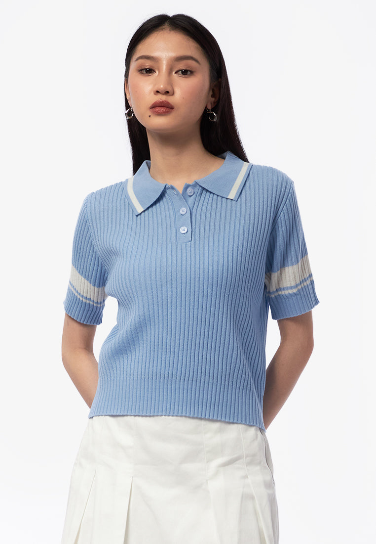 Collar Button Up Knit Top L.Blue