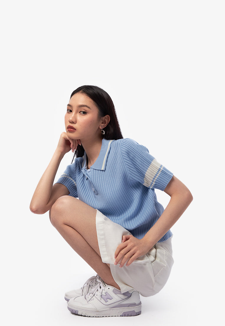 Collar Button Up Knit Top L.Blue