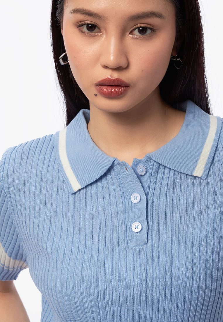Collar Button Up Knit Top L.Blue