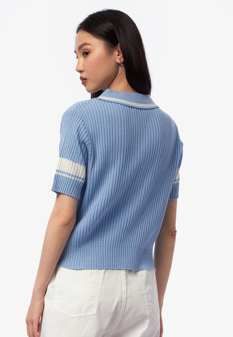 Collar Button Up Knit Top L.Blue