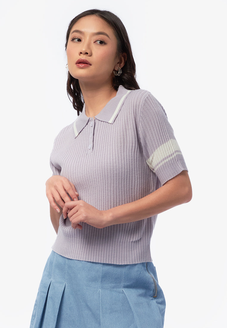 Collar Button Up Knit Top Lilac