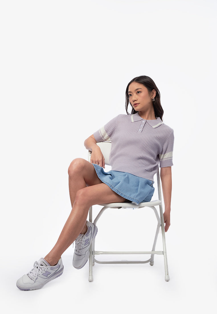Collar Button Up Knit Top Lilac