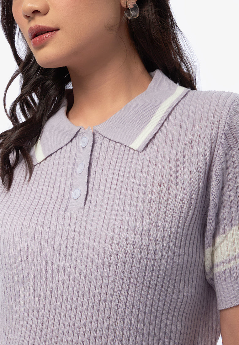 Collar Button Up Knit Top Lilac