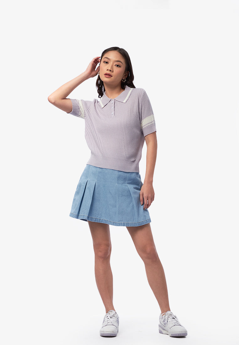 Collar Button Up Knit Top Lilac