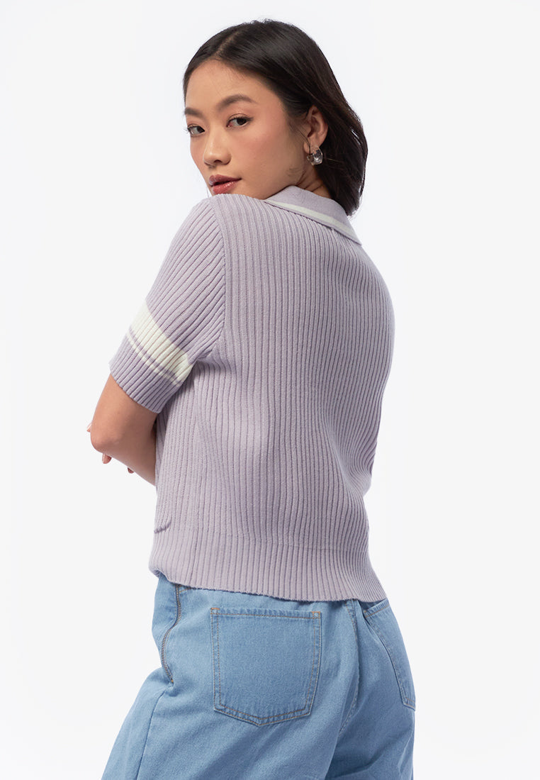 Collar Button Up Knit Top Lilac