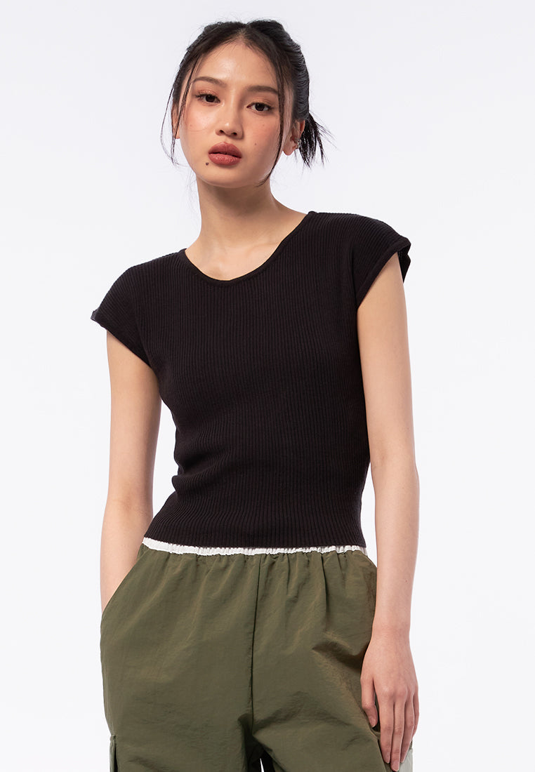 Tied Back Details Knit Top Black