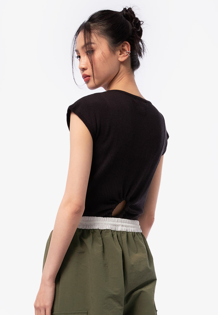 Tied Back Details Knit Top Black