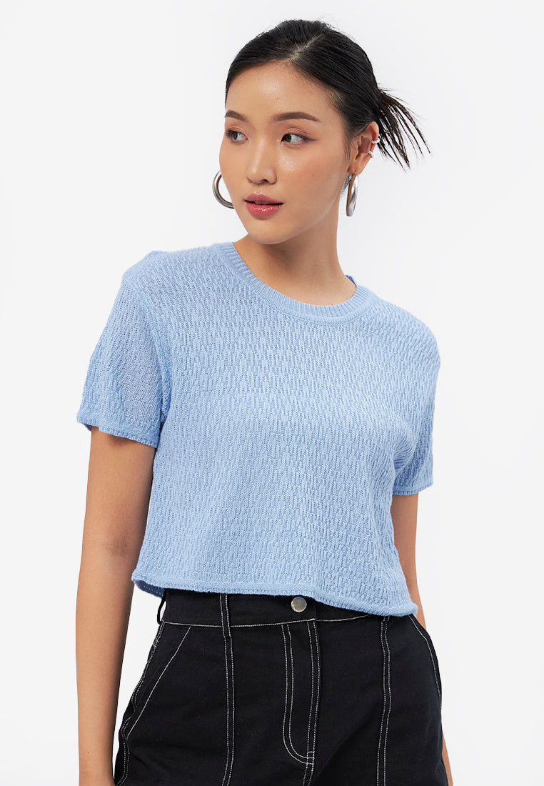 Textured Short Sleeve Knit Top Blue