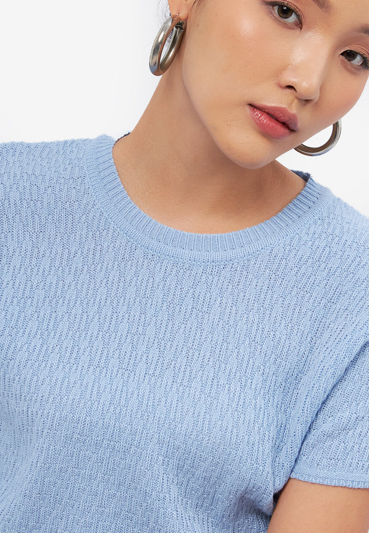 Textured Short Sleeve Knit Top Blue