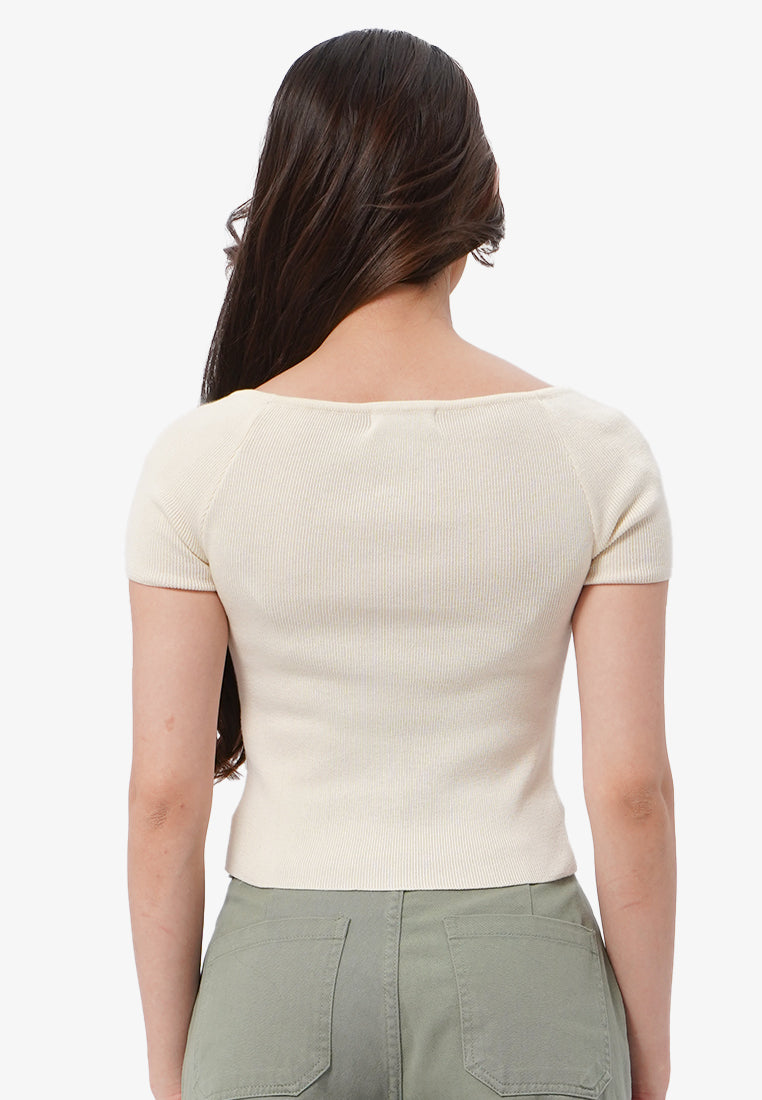 Heart Neck Cap Sleeve Top Ecru