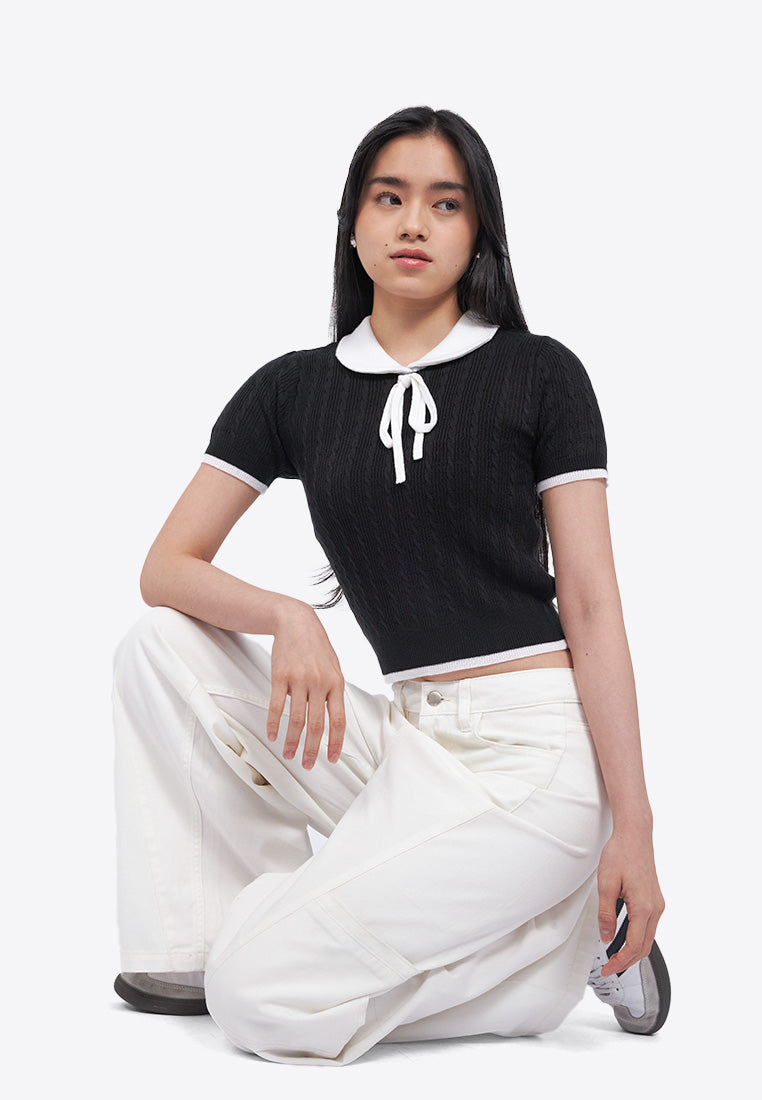 Tied Collar Knit Polo Top