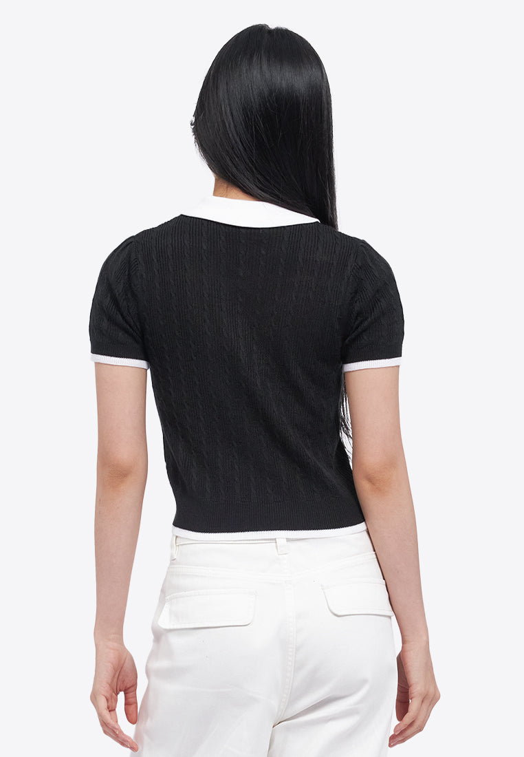 Tied Collar Knit Polo Top