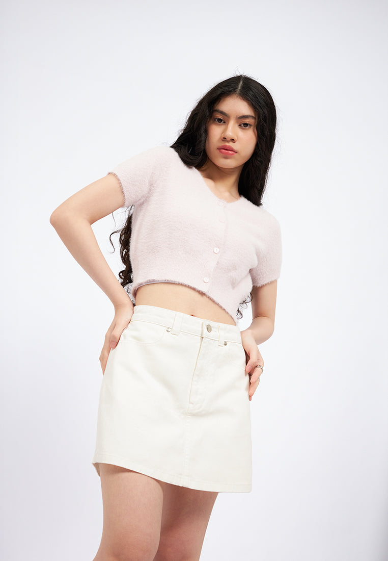 V-Neck Short Sleeve Fur Crop Top