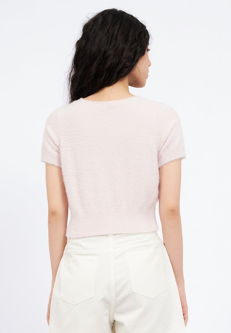 V-Neck Short Sleeve Fur Crop Top