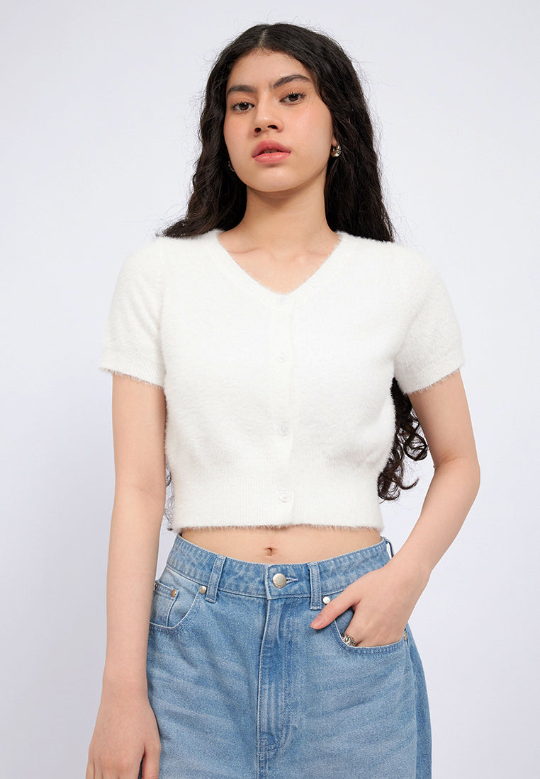 V-Neck Short Sleeve Fur Crop Top