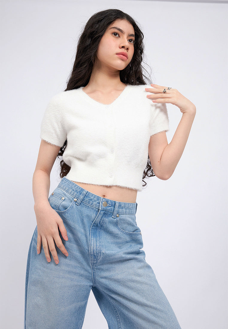 V-Neck Short Sleeve Fur Crop Top