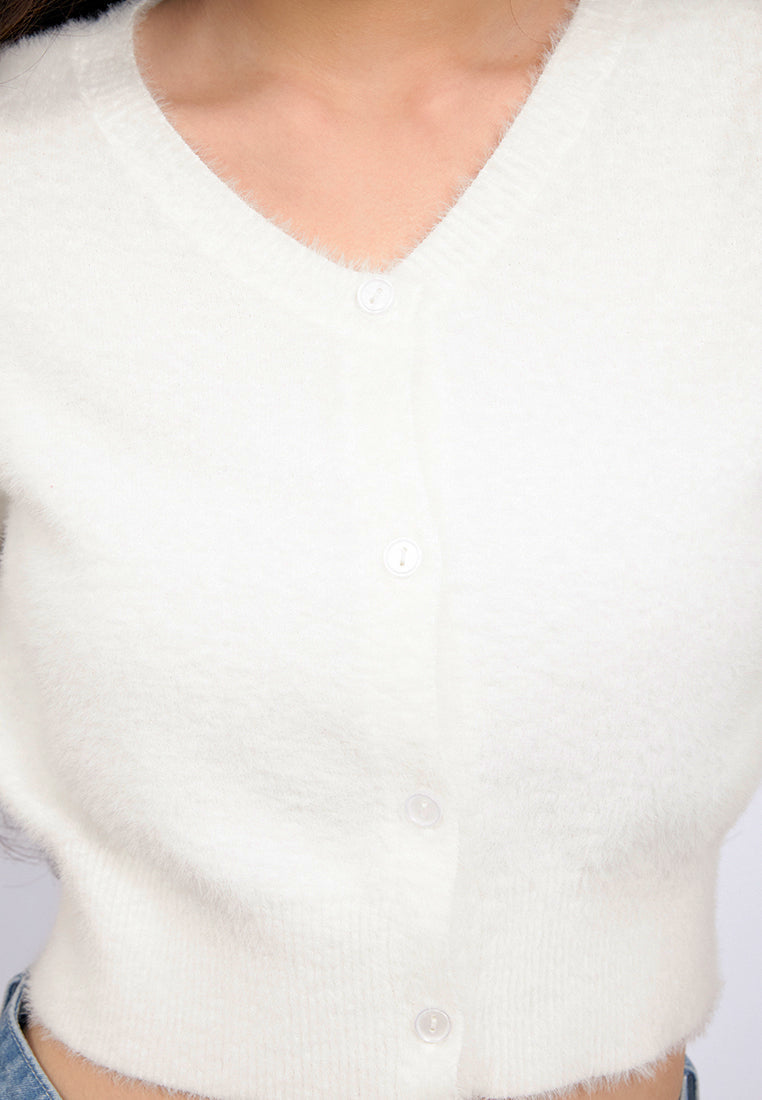 V-Neck Short Sleeve Fur Crop Top