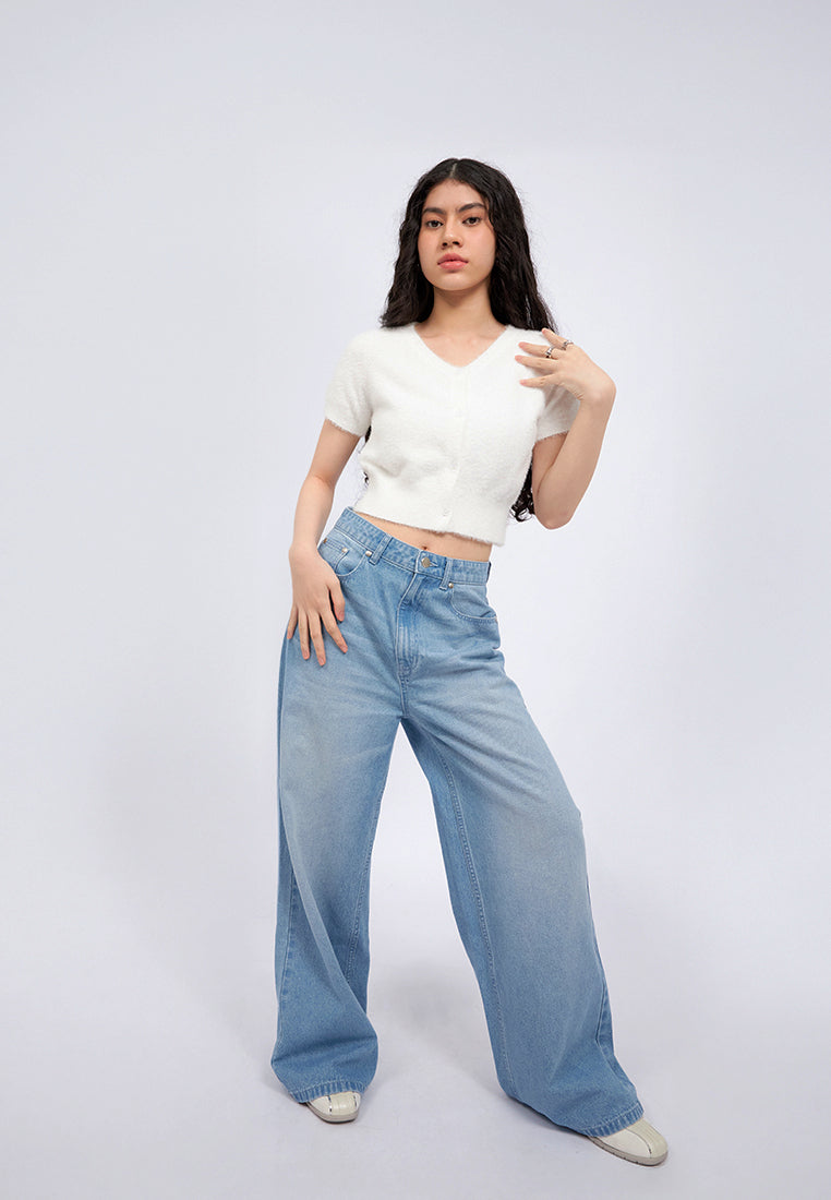 V-Neck Short Sleeve Fur Crop Top
