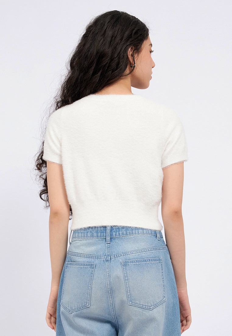 V-Neck Short Sleeve Fur Crop Top