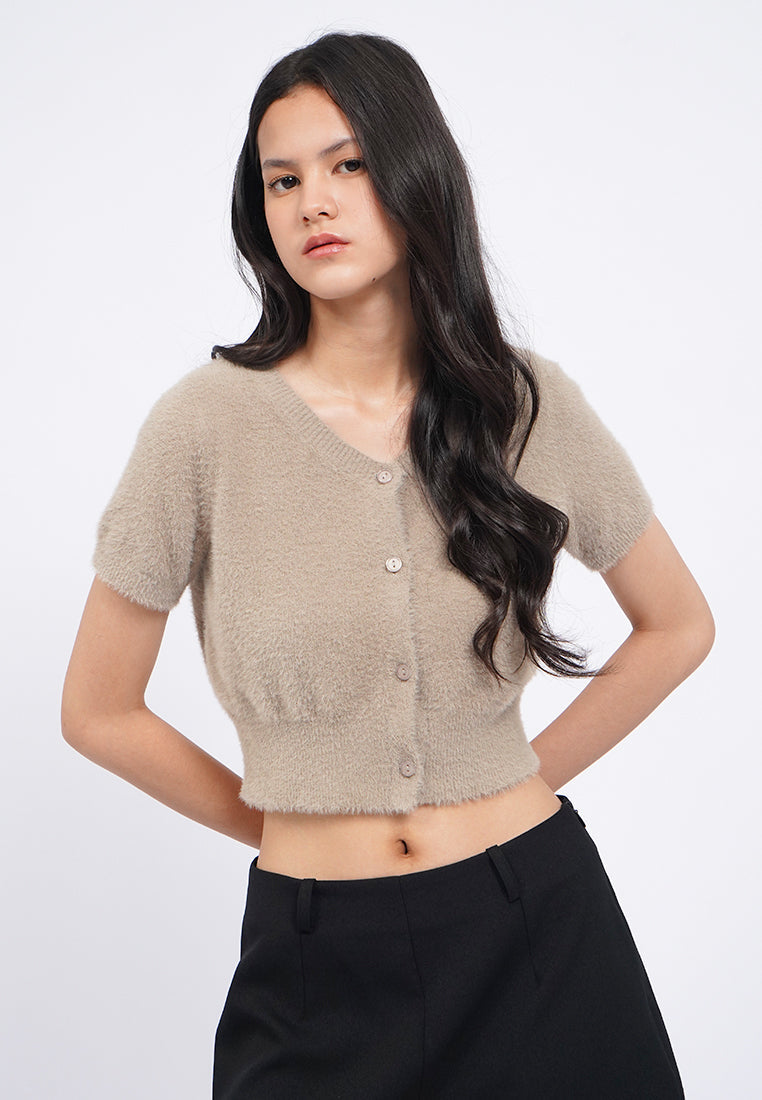 V-Neck Short Sleeve Fur Crop Top